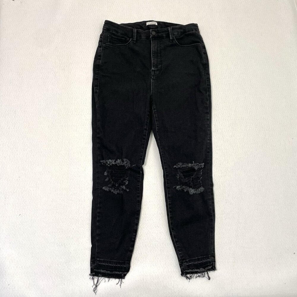 Good American Good Waist Crop Busted Knee Raw Hem Stretch Denim Jeans Black 15